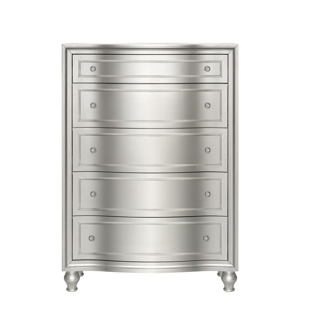 Introducing the Reflection Chest in Silver, meticulously crafted from solid Pine and high-quality manufactured wood to ensure enduring strength and durability. Its glamorous matte silver finish exudes sophistication, reflecting the mirrored panels and sil
