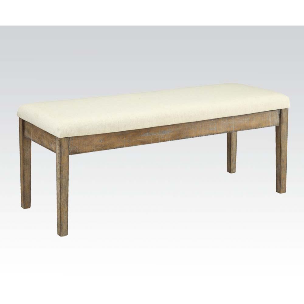 KD, Armless Bench (Backless) Stationary Seat: Standard Dining Height Padded SEAT: Beige Linen (Solid Pattern/NO Welt) NO Storage Backless Wooden Apron Seat Wooden Tapered Leg (4Pc Leg): Salvage Brown Finish, Wood (Hickory), Thick: 45mm Armless<br/><br/><b