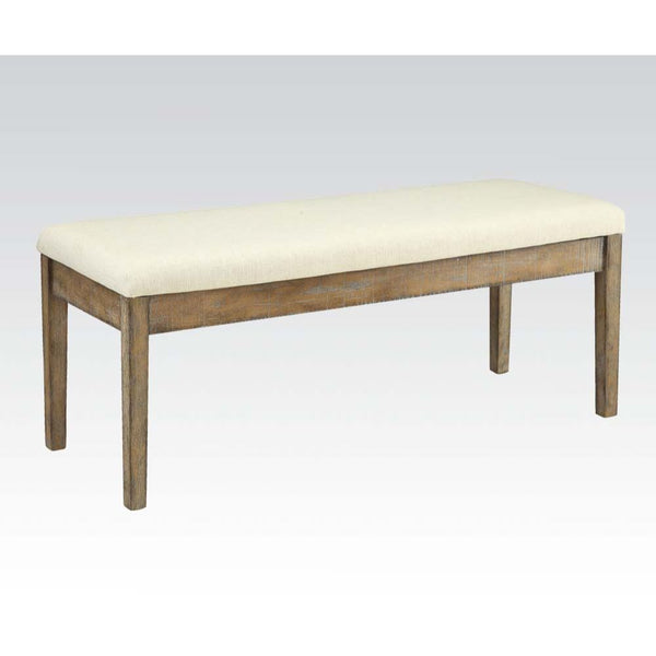 KD, Armless Bench (Backless) Stationary Seat: Standard Dining Height Padded SEAT: Beige Linen (Solid Pattern/NO Welt) NO Storage Backless Wooden Apron Seat Wooden Tapered Leg (4Pc Leg): Salvage Brown Finish, Wood (Hickory), Thick: 45mm Armless<br/><br/><b