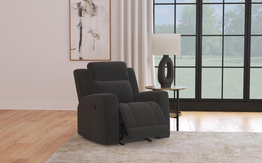 Kick back in luxurious indulgence with a modern rocker recliner. Expertly designed for a sleek, refined look that blends in contemporary living spaces, the recliner features matte suede-like upholstery in a neutral hue. Its clean lines and track arms blen