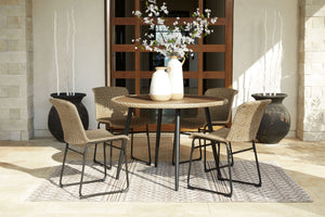 Powder coated steel frame. Resin wicker dining chairs and table. Resin wood look tabletop with umbrella hole. Black frame/tan wicker. Assembly required. Ashley Express. <h4><b>Amaris - Brown/Black - Round Dining Table</b></h4> <table width=-"100%-"><colgr