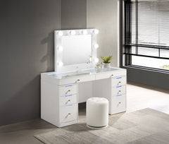 Step into a world of glamour with this sleek and chic vanity set, a perfect fusion of functionality and fashion. Its glossy white finish and clean lines are complemented by the sparkle of crystal-like knobs, adding a touch of sophistication to your person