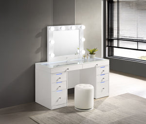 Step into a world of glamour with this sleek and chic vanity set, a perfect fusion of functionality and fashion. Its glossy white finish and clean lines are complemented by the sparkle of crystal-like knobs, adding a touch of sophistication to your person
