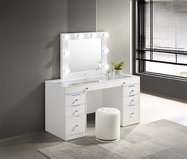 Step into a world of glamour with this sleek and chic vanity set, a perfect fusion of functionality and fashion. Its glossy white finish and clean lines are complemented by the sparkle of crystal-like knobs, adding a touch of sophistication to your person