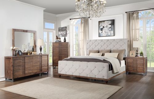 This Andria upholstered bed features an impressive rolled headboard. Generously padded features deep handcrafted buttonless tufting on the headboard to create a luxury decorative classic feeling. The woven upholstery fabric gives the bed a sophisticated f