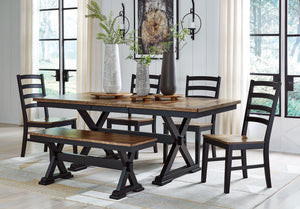 Raise the bar on modern farmhouse style with this dining package. It adds a fresh element to your space, whether your style is vintage, country or eclectic. Made with hardwood solids, Mango wood veneer and MDF substrate. Two-tone finish scheme featuring a