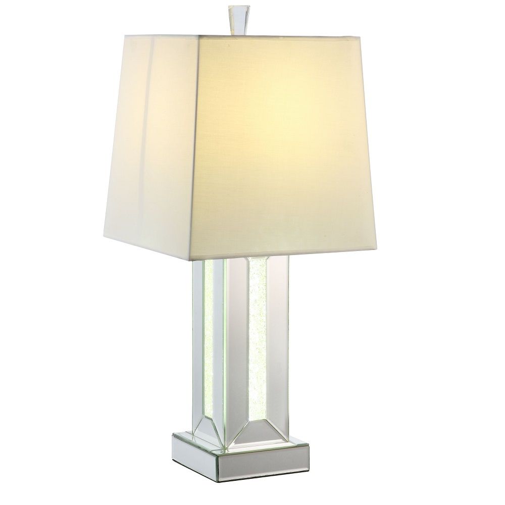 Brighten up your room in sophistication style with this Noralie Table Lamp. Fitting in a variety of design aesthetic, this piece features a classic drum shaped shade. The table lamp showcases a cuboid mirrored base with clear glass and faux stones inlayed