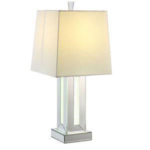  this piece features a classic drum shaped shade. The table lamp showcases a cuboid mirrored base with clear glass and faux stones inlayed