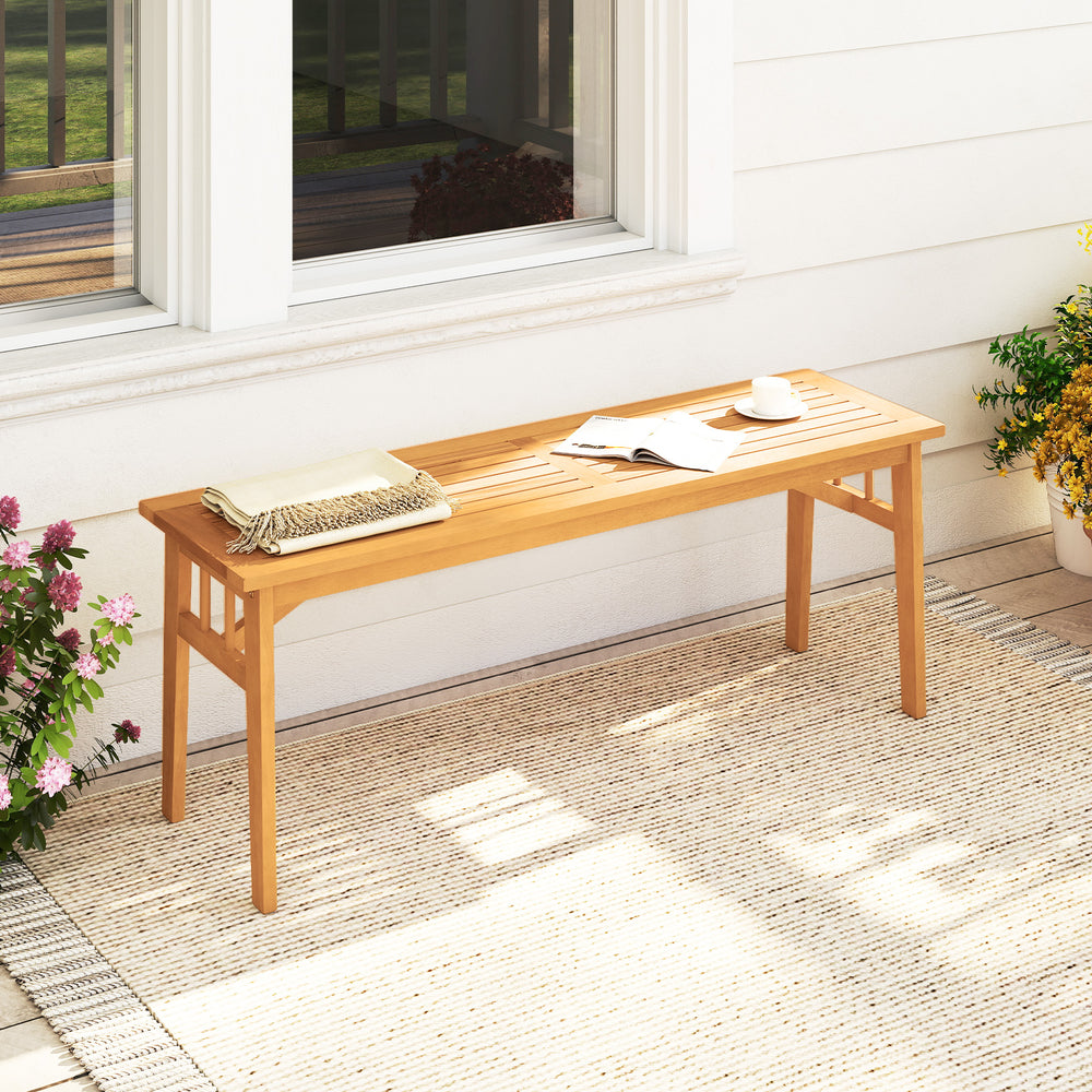 Solid acacia wood seat is wear-resistant and stable for long-lasting use<br>Elegant natural wood tone adds rustic charm to any space<br>Breathable slat design ensures a cooling seating experience<br>Equipped with stable triangular structure and reinforced