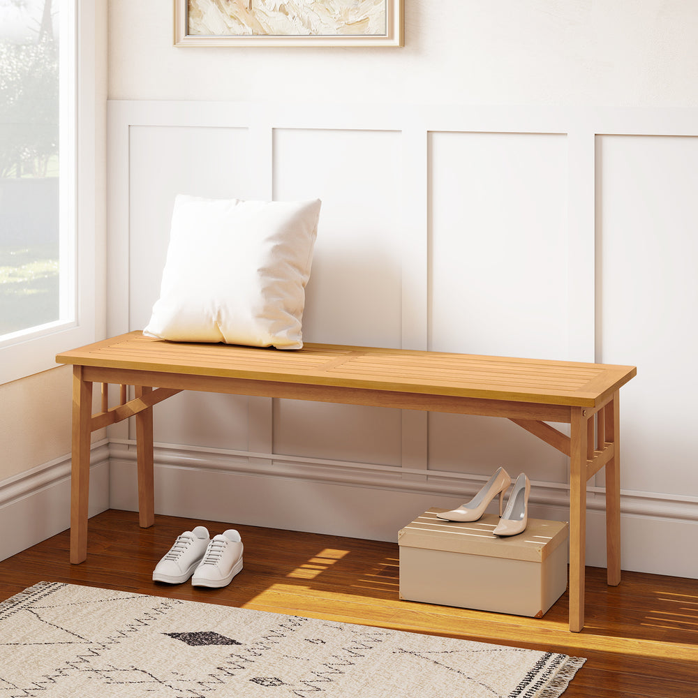 Solid acacia wood seat is wear-resistant and stable for long-lasting use<br>Elegant natural wood tone adds rustic charm to any space<br>Breathable slat design ensures a cooling seating experience<br>Equipped with stable triangular structure and reinforced