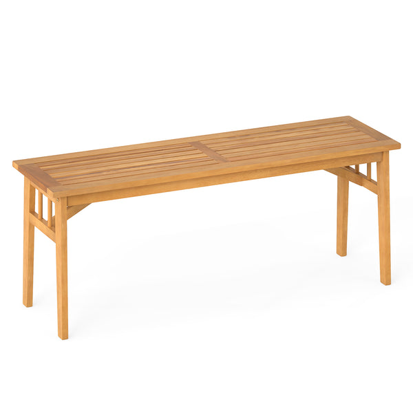 Solid acacia wood seat is wear-resistant and stable for long-lasting use<br>Elegant natural wood tone adds rustic charm to any space<br>Breathable slat design ensures a cooling seating experience<br>Equipped with stable triangular structure and reinforced