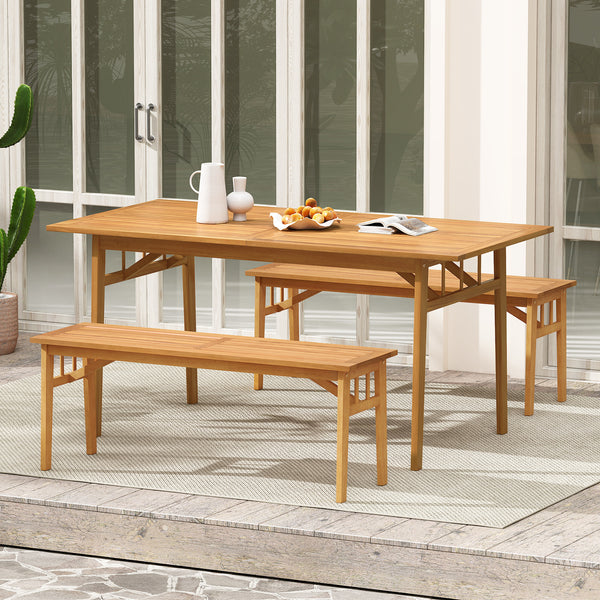 Solid acacia wood seat is wear-resistant and stable for long-lasting use<br>Elegant natural wood tone adds rustic charm to any space<br>Breathable slat design ensures a cooling seating experience<br>Equipped with stable triangular structure and reinforced