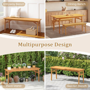 Solid acacia wood seat is wear-resistant and stable for long-lasting use<br>Elegant natural wood tone adds rustic charm to any space<br>Breathable slat design ensures a cooling seating experience<br>Equipped with stable triangular structure and reinforced