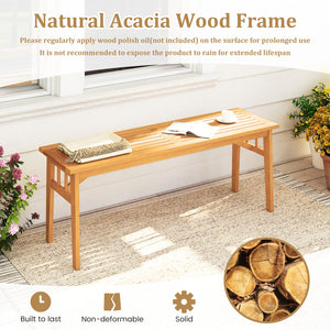 Solid acacia wood seat is wear-resistant and stable for long-lasting use<br>Elegant natural wood tone adds rustic charm to any space<br>Breathable slat design ensures a cooling seating experience<br>Equipped with stable triangular structure and reinforced