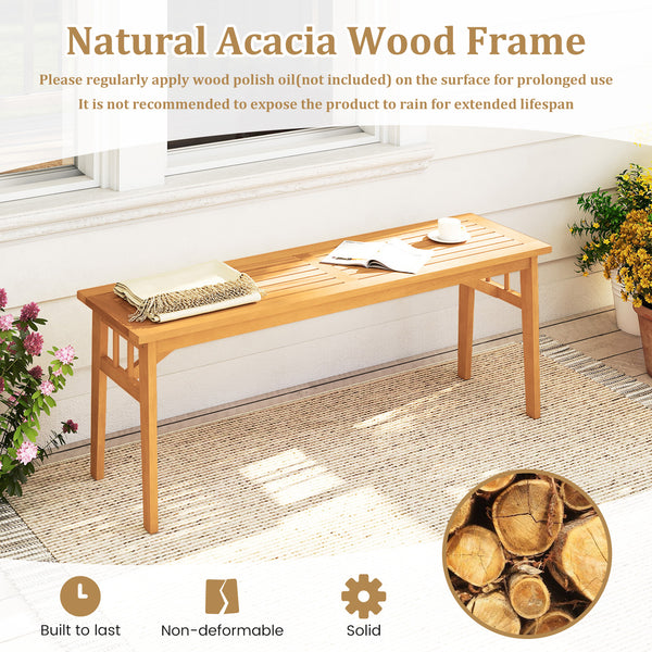 Solid acacia wood seat is wear-resistant and stable for long-lasting use<br>Elegant natural wood tone adds rustic charm to any space<br>Breathable slat design ensures a cooling seating experience<br>Equipped with stable triangular structure and reinforced