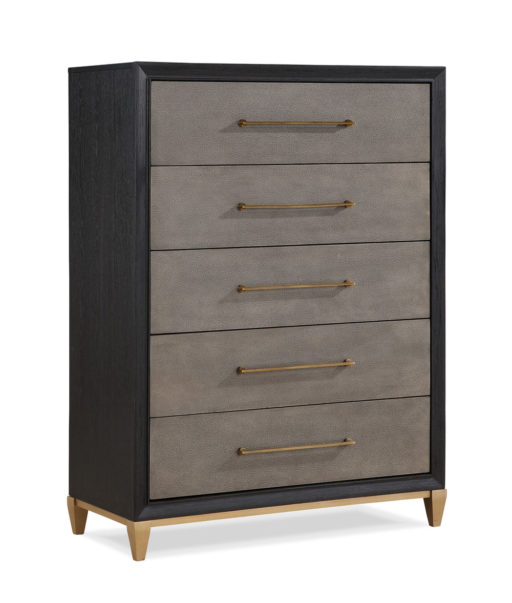 This bedroom ensemble exudes a sleek, contemporary charm with a hint of mid-century flair, perfect for creating a tranquil yet stylish retreat. The centerpiece, a bed with an upholstered headboard, is framed with a contrasting dark trim, offering a plush 