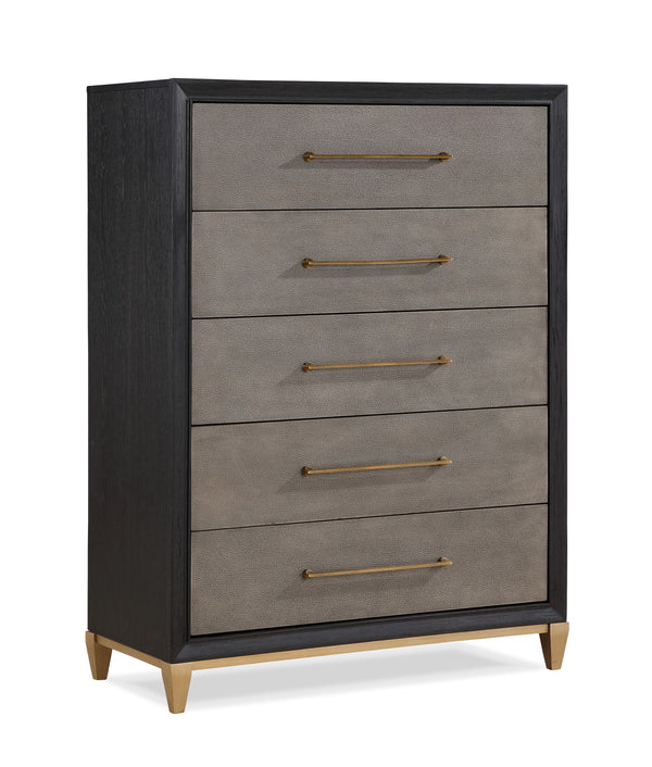 This bedroom ensemble exudes a sleek, contemporary charm with a hint of mid-century flair, perfect for creating a tranquil yet stylish retreat. The centerpiece, a bed with an upholstered headboard, is framed with a contrasting dark trim, offering a plush 