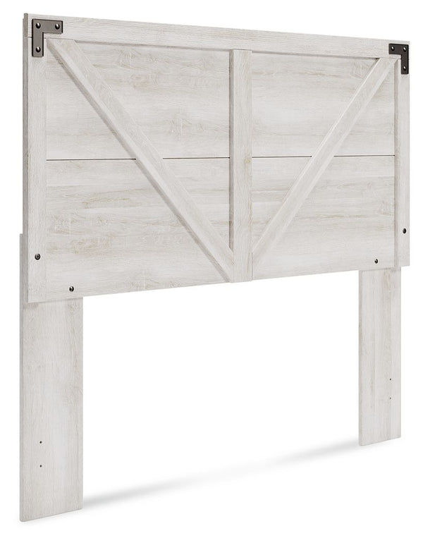 Give provincial a new meaning with the chic look of this queen panel headboard. The white wash distressed finish keeps this piece light and fresh while the warm pewter-tone hardware adds an industrial touch. The panel headboard with crossbuck detail adds 