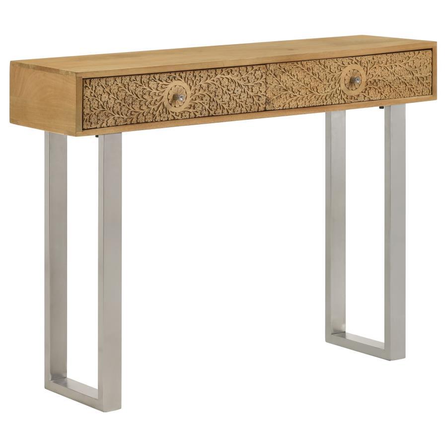 Elevate your space with this sleek and sophisticated console table, blending artisan craftsmanship with modern design. Crafted from eco-friendly solid mango wood, the natural-finish tabletop highlights the organic beauty of the wood grain. Two hand-carved
