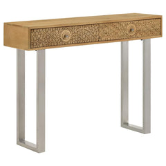Elevate your space with this sleek and sophisticated console table, blending artisan craftsmanship with modern design. Crafted from eco-friendly solid mango wood, the natural-finish tabletop highlights the organic beauty of the wood grain. Two hand-carved