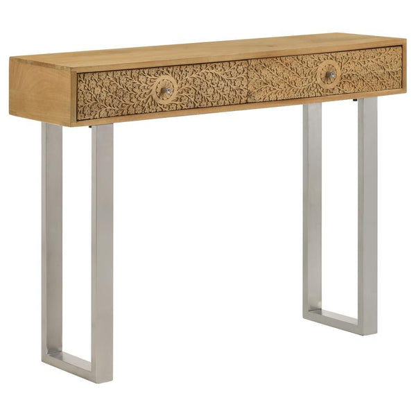 Elevate your space with this sleek and sophisticated console table, blending artisan craftsmanship with modern design. Crafted from eco-friendly solid mango wood, the natural-finish tabletop highlights the organic beauty of the wood grain. Two hand-carved