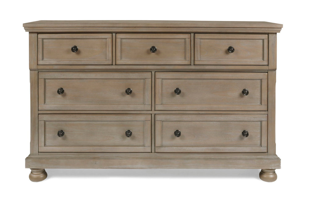The Allegra 7 Drawer Dresser in a sophisticated pale pewter finish combines durability, style, and thoughtful storage solutions, making it an essential addition to any bedroom. Expertly crafted from solid Mindi wood, engineered woods, and wood veneers, th
