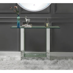 KD, Rectangular Console Table Storage: Open Compartment (Base Shelf) Features: Glass Top, Mirrored Sled Base w/Faux Crystals & Clear Glass CONSTRUCTION Glass Top Mirrored Sled Base: 4mm Beveled Mirror, MDF, Faux Crystals, 4mm Clear Tempered Glass<br/><br/