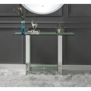 KD, Rectangular Console Table Storage: Open Compartment (Base Shelf) Features: Glass Top, Mirrored Sled Base w/Faux Crystals & Clear Glass CONSTRUCTION Glass Top Mirrored Sled Base: 4mm Beveled Mirror, MDF, Faux Crystals, 4mm Clear Tempered Glass<br/><br/