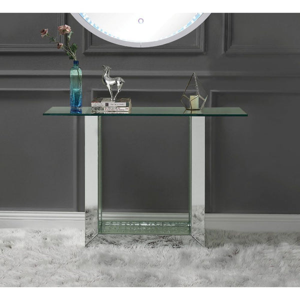 KD, Rectangular Console Table Storage: Open Compartment (Base Shelf) Features: Glass Top, Mirrored Sled Base w/Faux Crystals & Clear Glass CONSTRUCTION Glass Top Mirrored Sled Base: 4mm Beveled Mirror, MDF, Faux Crystals, 4mm Clear Tempered Glass<br/><br/