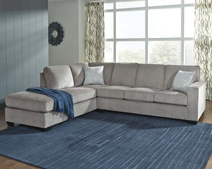 If style is the question, then this sectional is the answer. Sporting clean lines and sleek track arms, the decidedly contemporary profile is enhanced with plump cushioning and a chenille-feel upholstery, so pleasing to the touch. Sure to play well with s