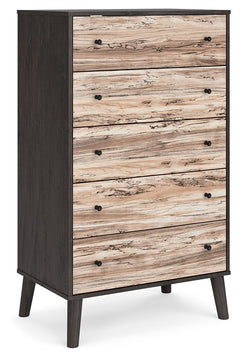 The perfect marriage of simple and contemporary style, this chest of drawers is a charming addition to your home. It features an expressive two-tone look, with a dark charcoal finish over replicated oak grain with an authentic touch and a replicated sugar