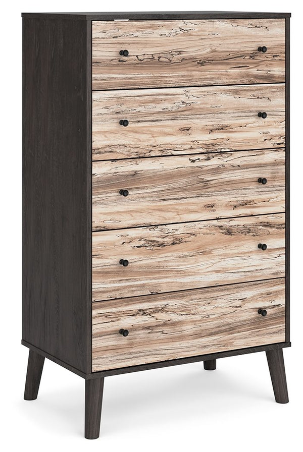 The perfect marriage of simple and contemporary style, this chest of drawers is a charming addition to your home. It features an expressive two-tone look, with a dark charcoal finish over replicated oak grain with an authentic touch and a replicated sugar