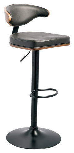 Style takes quite a modern turn. Sporting a distinctively contoured back, this upholstered swivel bar stool is sure to bring an elevated look to your living space. Wrapped in a black faux leather upholstery, the seating areaâ€™s artful contours put the ac