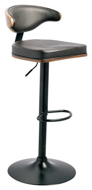 Style takes quite a modern turn. Sporting a distinctively contoured back, this upholstered swivel bar stool is sure to bring an elevated look to your living space. Wrapped in a black faux leather upholstery, the seating areaâ€™s artful contours put the ac