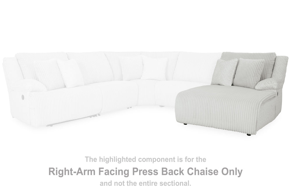 This right-arm facing press-back chaise is made with polyester upholstery. Pairs with other items in the series to make a sectional.<br><br><b>Additional Dimensions</b><br><ul><li>Leg height: 2.25-"</li><li>Minimum width of doorway for delivery: 36-"</li>