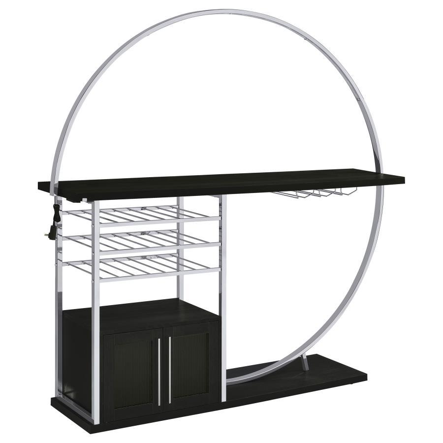 Transform your space into a beacon of style with this contemporary home bar that marries function with cutting-edge design. Bathed in the glow of LED lighting with a choice of eight vibrant colors, this piece becomes the centerpiece of any entertainer-'s 