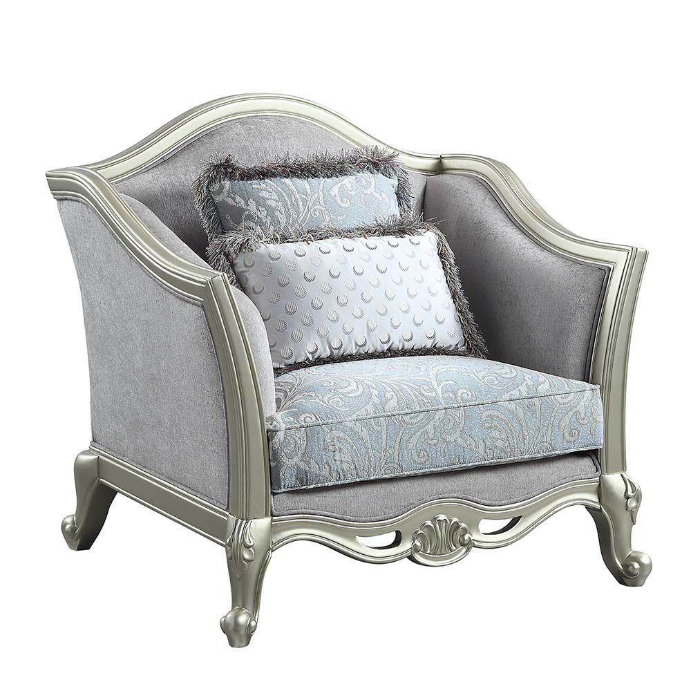 With a timeless silhouette influenced by French beauty, this Qunsia sofa makes a gracious statement in a comforting light gray linen upholstery fabric. Delicate curves invite the eye, while cabriole legs the champagne wooden trim that adds visual impact. 