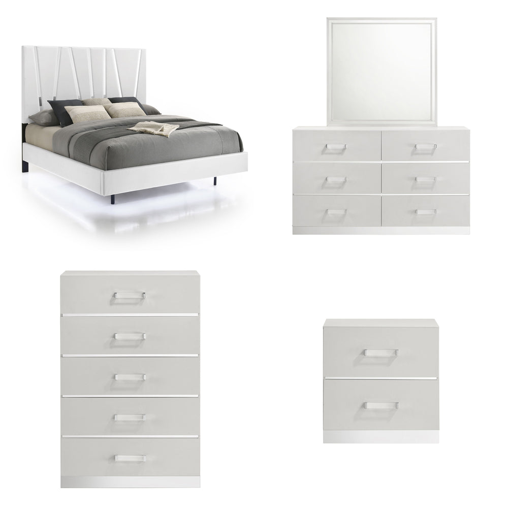 The Europa 5 Piece Bedroom Set in white brings modern elegance and practical functionality to your bedroom. This set includes a panel bed as well as a dresser, mirror, nightstand, and chest. The sleek design features a majestic headboard, glossy white fin