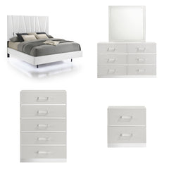The Europa 5 Piece Bedroom Set in white brings modern elegance and practical functionality to your bedroom. This set includes a panel bed as well as a dresser, mirror, nightstand, and chest. The sleek design features a majestic headboard, glossy white fin