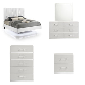 The Europa 5 Piece Bedroom Set in white brings modern elegance and practical functionality to your bedroom. This set includes a panel bed as well as a dresser, mirror, nightstand, and chest. The sleek design features a majestic headboard, glossy white fin