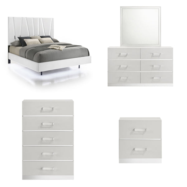 The Europa 5 Piece Bedroom Set in white brings modern elegance and practical functionality to your bedroom. This set includes a panel bed as well as a dresser, mirror, nightstand, and chest. The sleek design features a majestic headboard, glossy white fin