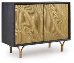 Style? Tons. Storage? Check. This accent cabinet adds more than just a contemporary cool design to your space. Finished in black and goldtone with a carved pattern on the door fronts, it conveys a sophisticated style that-'s perfect for a bar area. Push m