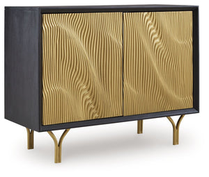 Style? Tons. Storage? Check. This accent cabinet adds more than just a contemporary cool design to your space. Finished in black and goldtone with a carved pattern on the door fronts, it conveys a sophisticated style that-'s perfect for a bar area. Push m