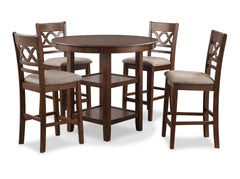 The graceful Cori 5 Piece Counter Dining Table and Chair Set is built with durability and comfort in mind. This dining set provides spacious seating for four and two handy storage shelves located under the table top to display dinnerware or decor. The din
