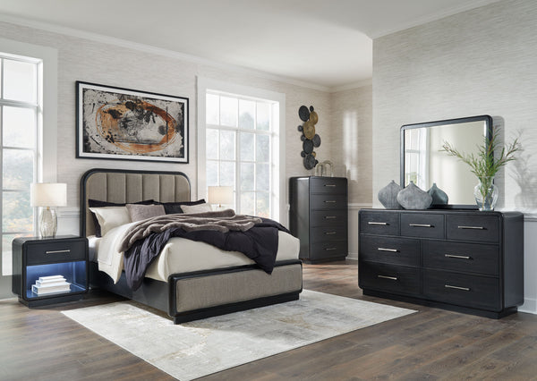 Rowanbeck - 5 Pc. - Dresser, Mirror, Chest, Queen Upholstered Panel Bed - Gray / Black