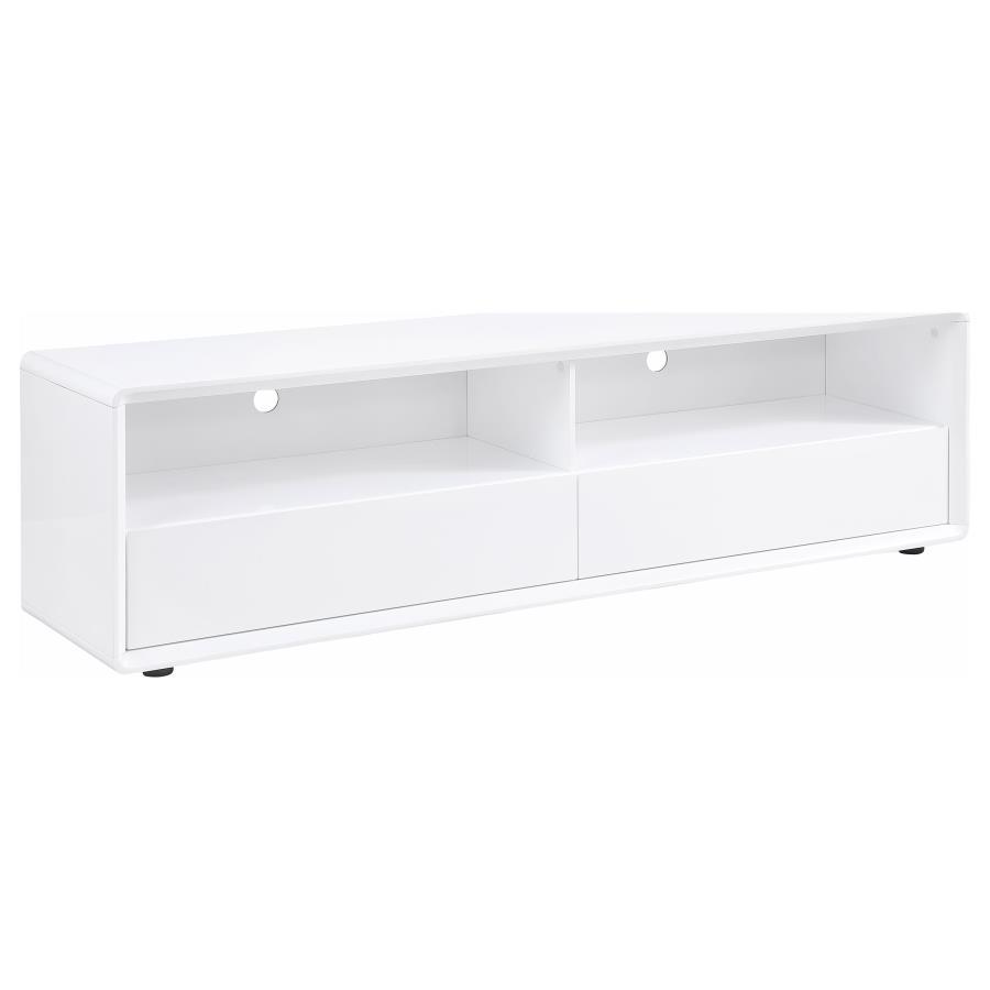 This sleek TV stand brings a crisp, modern look to the living room. Its 71-inch width can accommodate up to a 75-inch screen, creating an ideal media console for contemporary spaces. Crafted from engineered wood with a white high gloss lacquer finish, it 