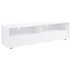 This sleek TV stand brings a crisp, modern look to the living room. Its 71-inch width can accommodate up to a 75-inch screen, creating an ideal media console for contemporary spaces. Crafted from engineered wood with a white high gloss lacquer finish, it 