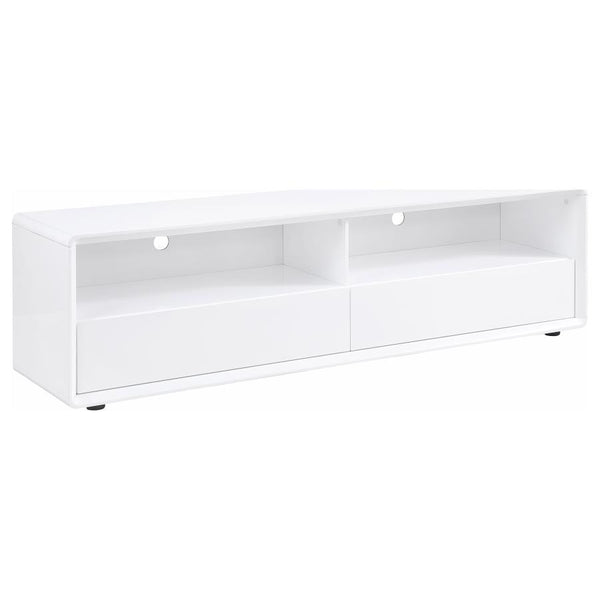 This sleek TV stand brings a crisp, modern look to the living room. Its 71-inch width can accommodate up to a 75-inch screen, creating an ideal media console for contemporary spaces. Crafted from engineered wood with a white high gloss lacquer finish, it 