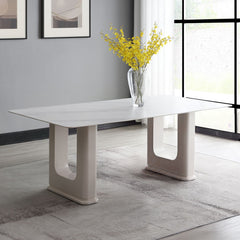 Designed with rectangular ceramic top and sleek design, Kalam collection brings modern elegance to any dining space. The fixed table top is supported by stylish double pedestals, providing stability and contemporary charm. Paired with padded seat and back