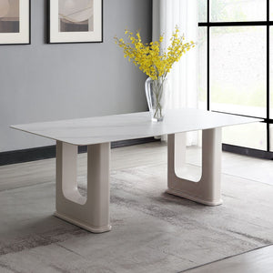 Designed with rectangular ceramic top and sleek design, Kalam collection brings modern elegance to any dining space. The fixed table top is supported by stylish double pedestals, providing stability and contemporary charm. Paired with padded seat and back